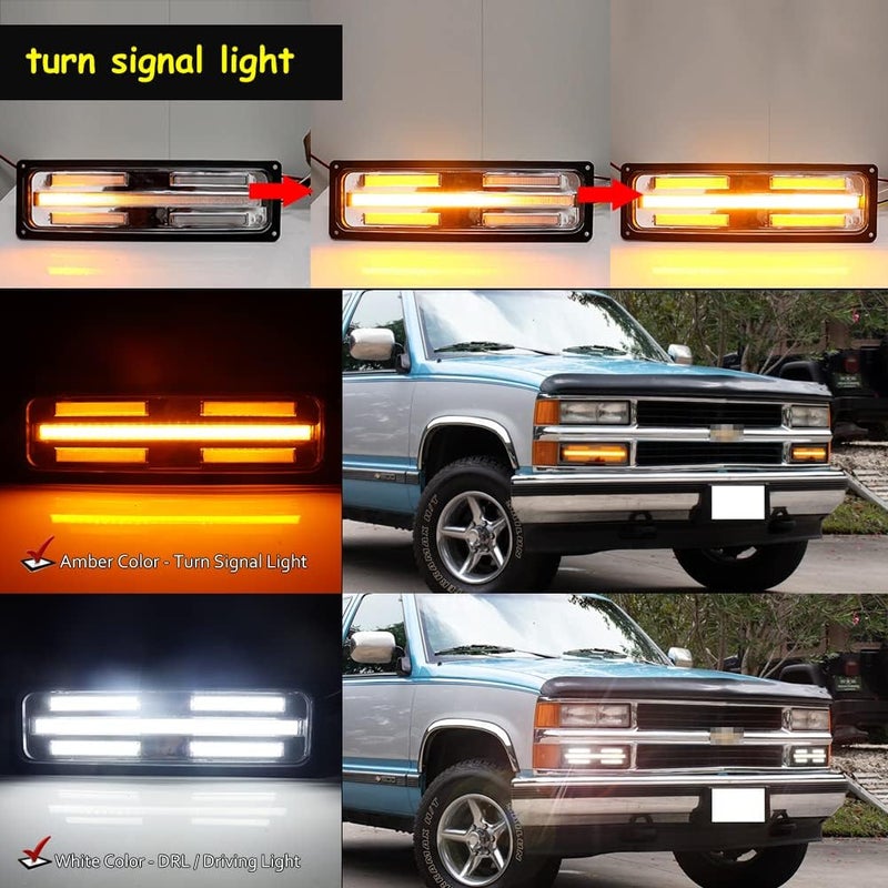 Tonsya For 1988 1989 1990 1991 1992 1993 1994 1995 1996 1997 1998 GMC Chevy C/K 1500/2500/3500 Truck Front Turn Signal sequential Parking Lights & Daytime running lamps Clear Lens Amber & White Led - Image 4